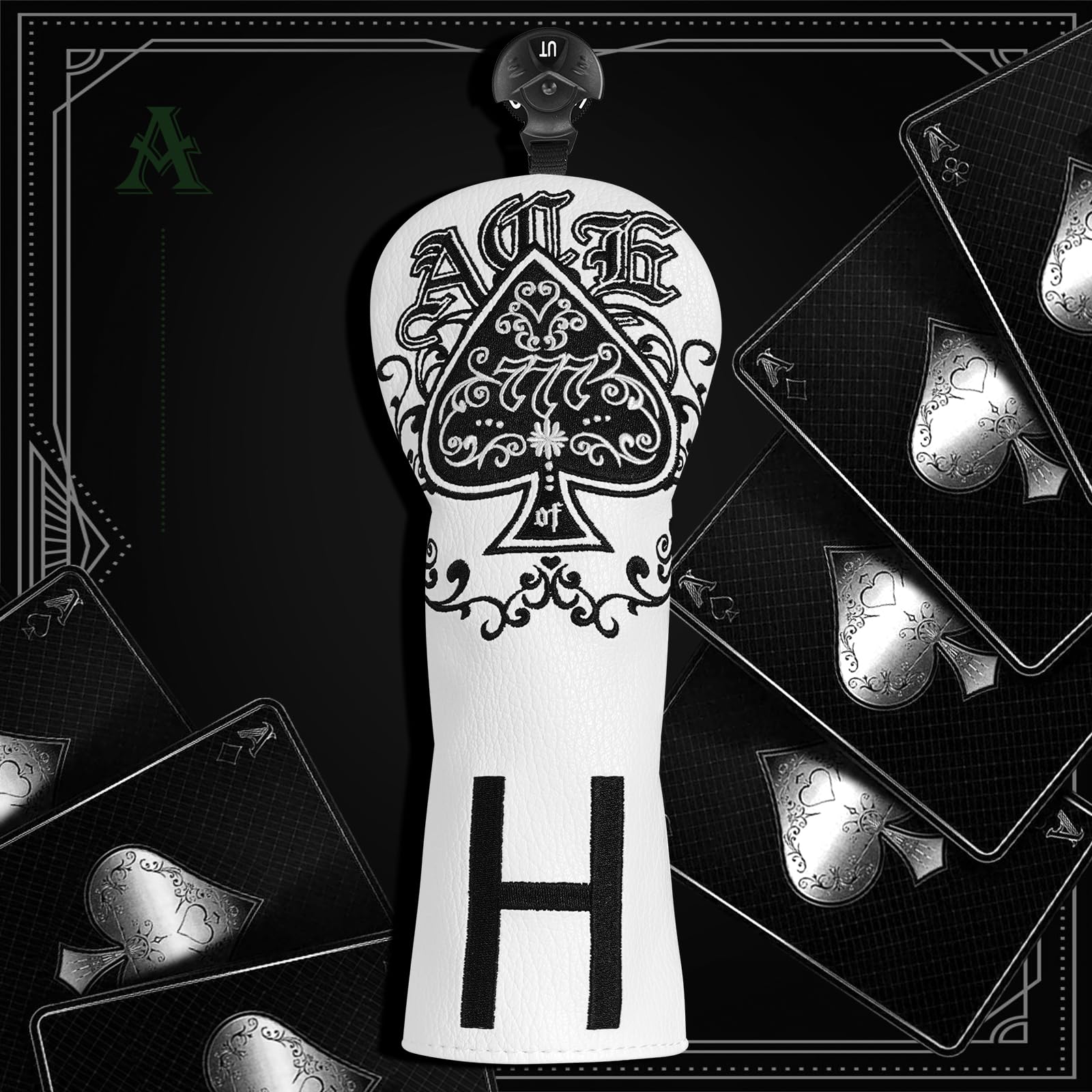 Golf Club Head covers Hybrid Utility Rescue with Interchangeable Number Tag 23456 UT Elastic Closure White PU Leather Lucky7 Embroidery