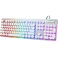 ANSWK Typewriter Style Keyboard with Metal Panel, Rainbow LED Backlit, Round Keys, Anti-ghosting, Spill Resistant, Light Up USB Wired Retro 104 Keys for Office/Gaming, White/Silver