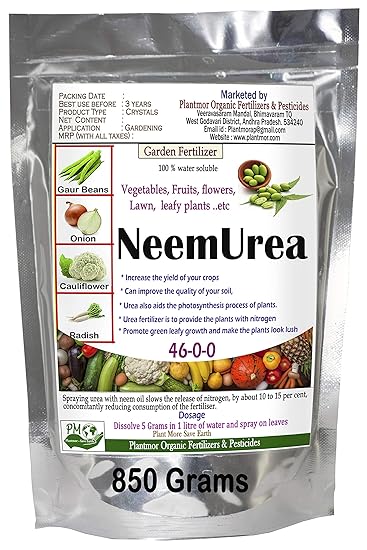Plantmor Organic Fertilizers & Pesticides Neem Urea 850 Grams Nitrogen 46% Fertilizer for Indoor, Outdoor, Terrace Garden Plants and Vegetable Gardening