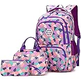 3Pcs Geometric Print Kids Backpack Set for Girls with Lunchbag, Purple Girls Backpack Elementary Middle School Bag Bookbag