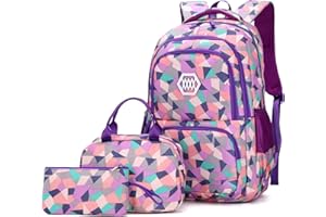BANSUSU 3Pcs Geometric Print Kids Backpack Set for Girls with Lunchbag, Purple Girls Backpack Elementary Middle School Bag Bookbag