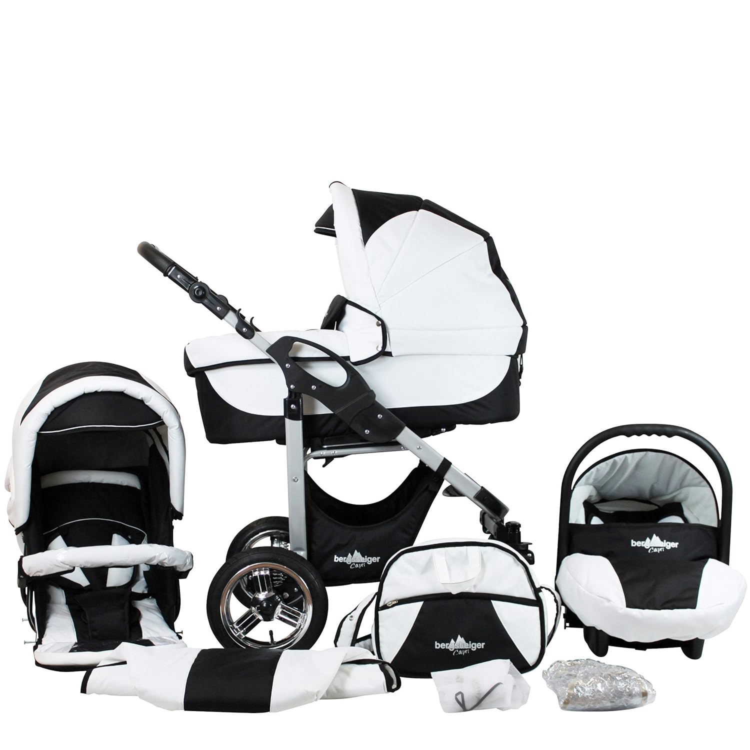 Bergsteiger Capri Kinderwagen 3 in 1 Kombikinderwagen Megaset 10 teilig inkl. Babyschale, Babywanne, Sportwagen und Zubehör