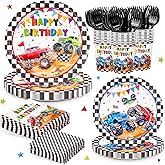144pcs Monster Truck Birthday Party Decorations Plates Napkins Disposable Truck Paper Cups Monster Truck Party Supplies Tableware Set for Kids Boys Birthday Decor Serve 24 Guests