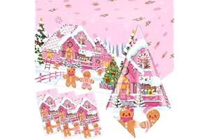 GREHUMOR 3Pcs Gingerbread Christmas Tablecloth Party Decorations Gingerbread Man House Table Cover Pink Winter Christmas Cookie Disposable Plastic for Family Holiday Birthday Party Supplies
