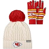 FOCO NFL unisex-adult Nfl Team Logo Adult Stretch Gloves With White Pom Cable Winter Knit Hat Beanie Set