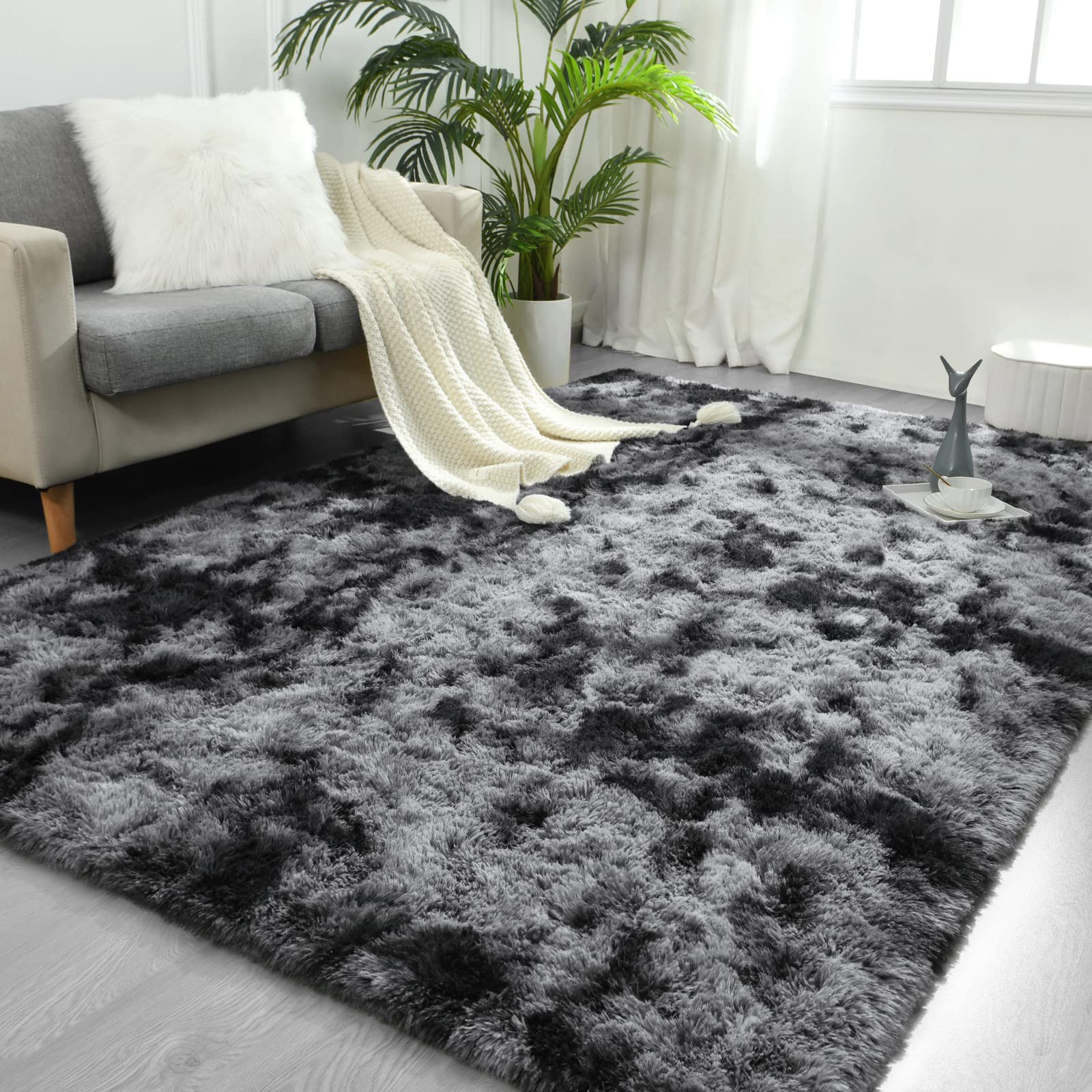 Photo 1 of FlyDOIT Large Area Rugs for Living Room, 4x6 Feet Tie-Dyed Dark Grey Shaggy Rug Fluffy Throw Carpets, Ultra Soft Plush Modern Indoor Fuzzy Rugs for Bedroom Girls Kids Nursery Room Dorm Home Decor1050349139
