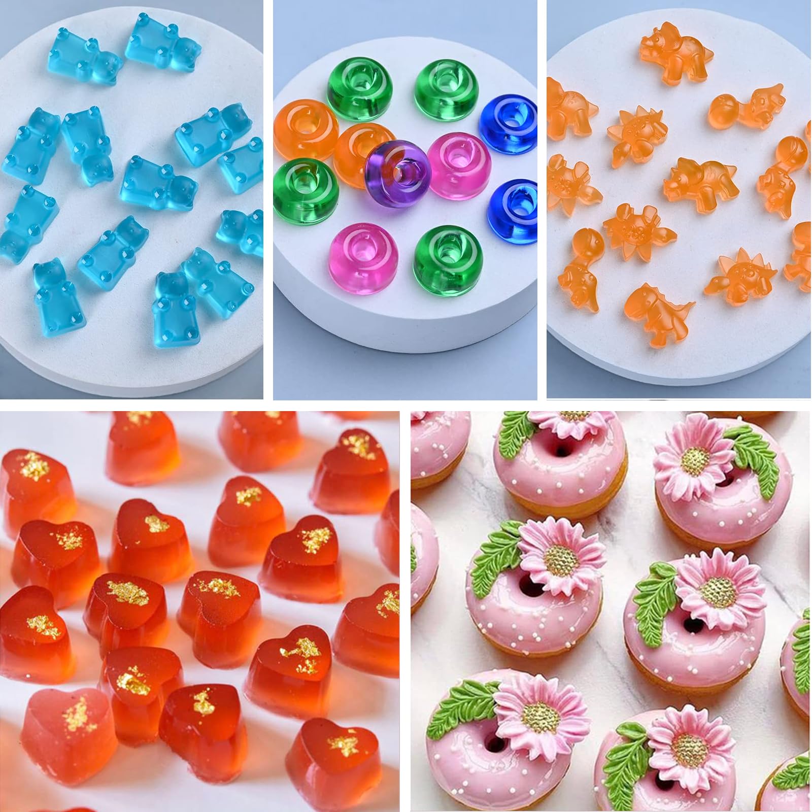 Silicone Gummy Molds Set of 5, Candy Molds Silicone with 2 Droppers for Convenient Filling, Gummy Molds Set Includes Dinosaur, Bear, Donut, Heart and Fruit