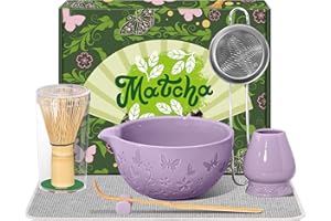 BANDICTION Matcha Whisk Ceramic Matcha Whisk Set Bamboo Whisk, Bowl With Spout, Powder Starter Sifter, Ceramic Whisk Holder, Tea Towel, Scoop and Scoop Rest for Matcha Tea Ceremony Purple