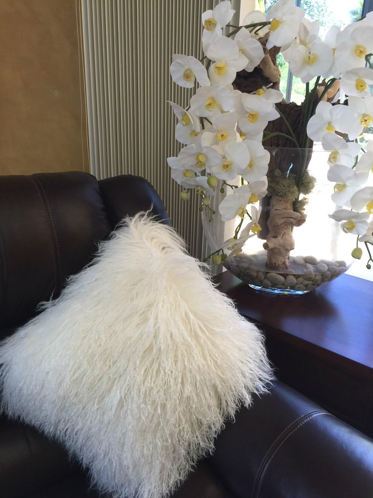 Luxurious 100% Tibetan Mongolian Lamb Fur Pillow, Long Curly Wool Sheepskin Cushion With Soft Micro-Suede Back With Zipper, Includes Cushion & Inner, Final Dimensions Approx 22 x 22, (White)