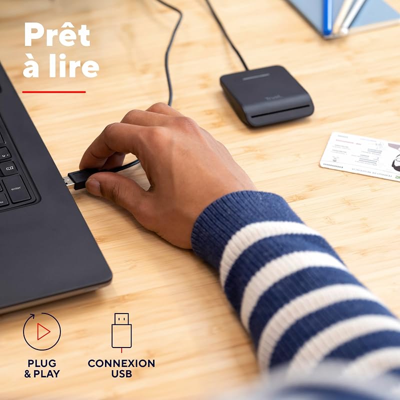 Lecteur de Carte DNI USB, Lecteur de Carte Identité, Noir