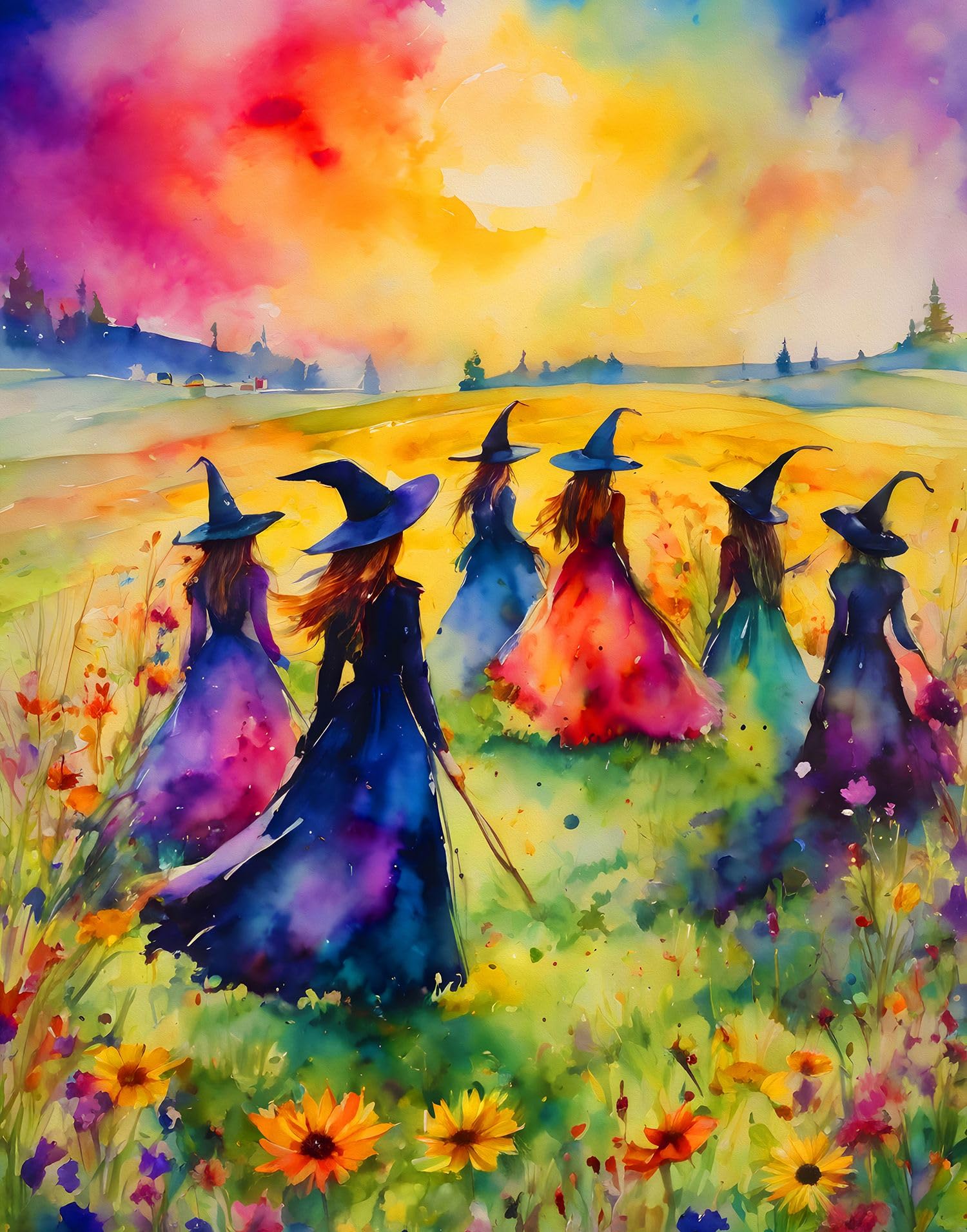 Photo 1 of Springbok's Witches Gathering 500 Piece Puzzle for Adults is a Watercolor Image of Witches Gathering in a Blossoming Field