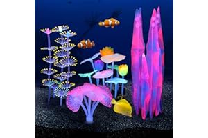 Filhome Glowing Fish Tank Decorations Plants, 4 pcs Glow Aquarium Decorations, Glowing Coral Plant Ornaments Lotus Kelp and Anemone