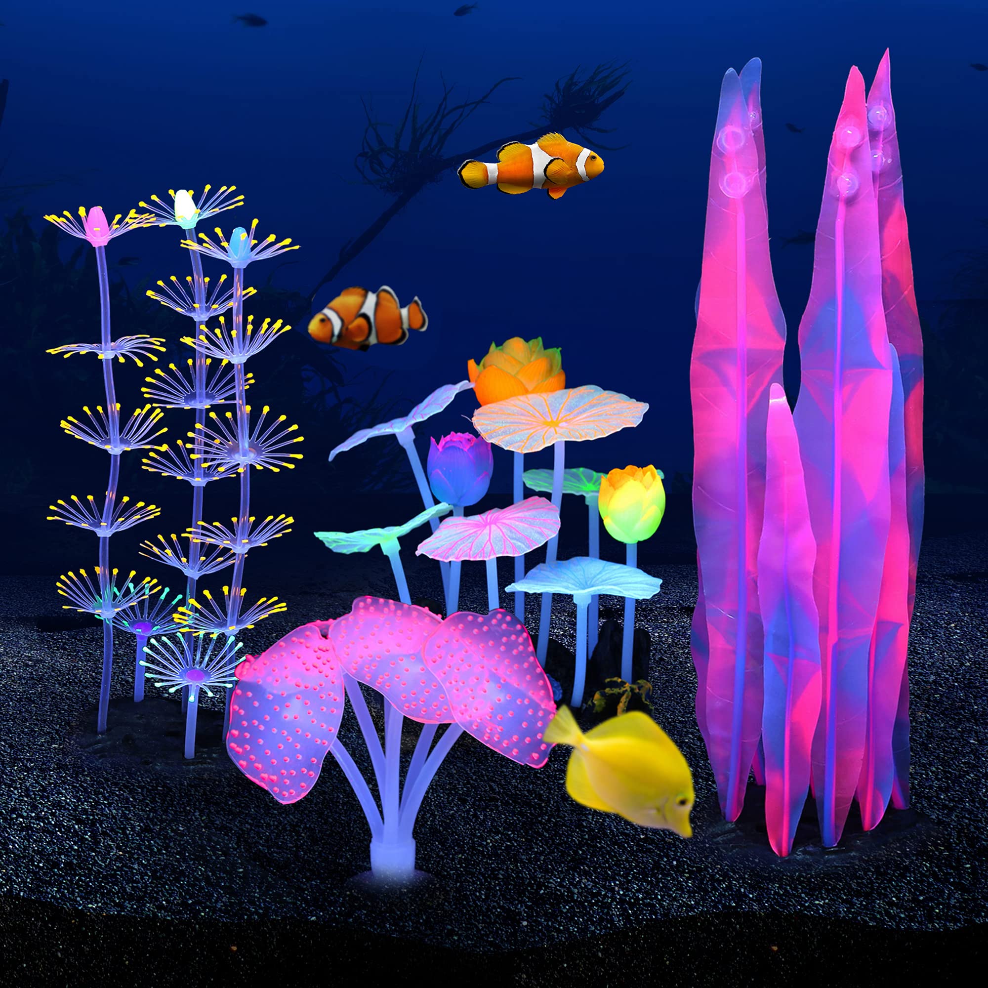 Filhome Glowing Aquarium Decorations: 4pcs Coral, Kelp, Lotus & Anemone Set - Silicone & Resin Material - Glows Under UV, Blue & White Light - Aquarium Decor