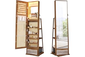 HWB Jewelry Cabinet with Light Storage: 360° Swivel Jewelry Storage with Full-Length Mirror - Standing Lockable Jewelry Armoire Organizer for Girls/Women Gifts - Wood
