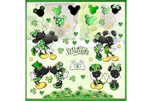 Mfault 153PCS Happy St. Patrick's Day Cartoon Mouse Window Clings 9 Sheets, Green Shamrock Clover Balloon Wall Stickers Decals Decorations, Golden Coins Irish Holiday Living Room Home Kitchen Decor