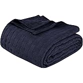 Superior Basketweave Cotton Blanket, Basket Weave Design, Soft, Comfy Cover for Bed, Bedding, Bedroom, Couch Throw, Lounging, Modern Boho Medium Weighted Blankets, King, Navy Blue