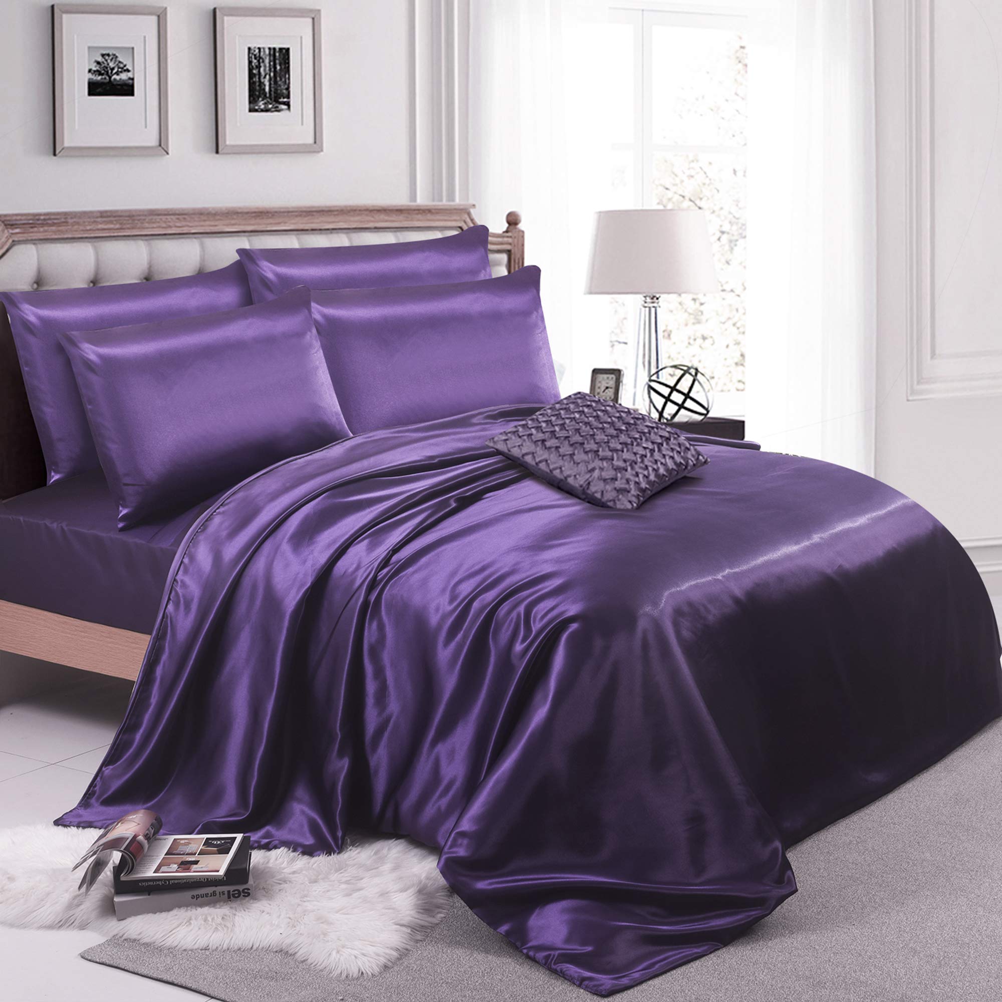 ZIMEL HOMES 4 piece-Satin sheets Soft bedding shiny silky bedding duvet cover, Fitted sheet set, 2 pillow cases, complete bed sheet set (Aubergine, Single)