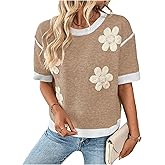 Floerns Women's Short Sleeve Crew Neck Flower Loose Knitted Sweaters Pullover Tops