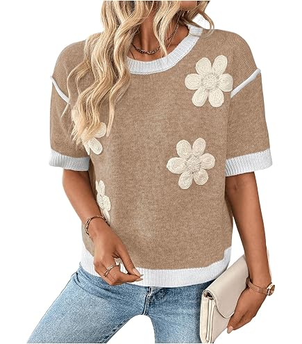 Floerns Women's Flower Short Sleeve Sweaters Crew Neck Loose