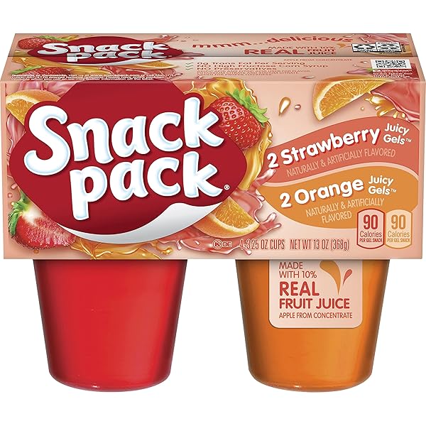 SNACK PACK STRAWBERRY AND ORANGE FLAVORED JUICY GELS, 4 COUNT SNACK CUPS