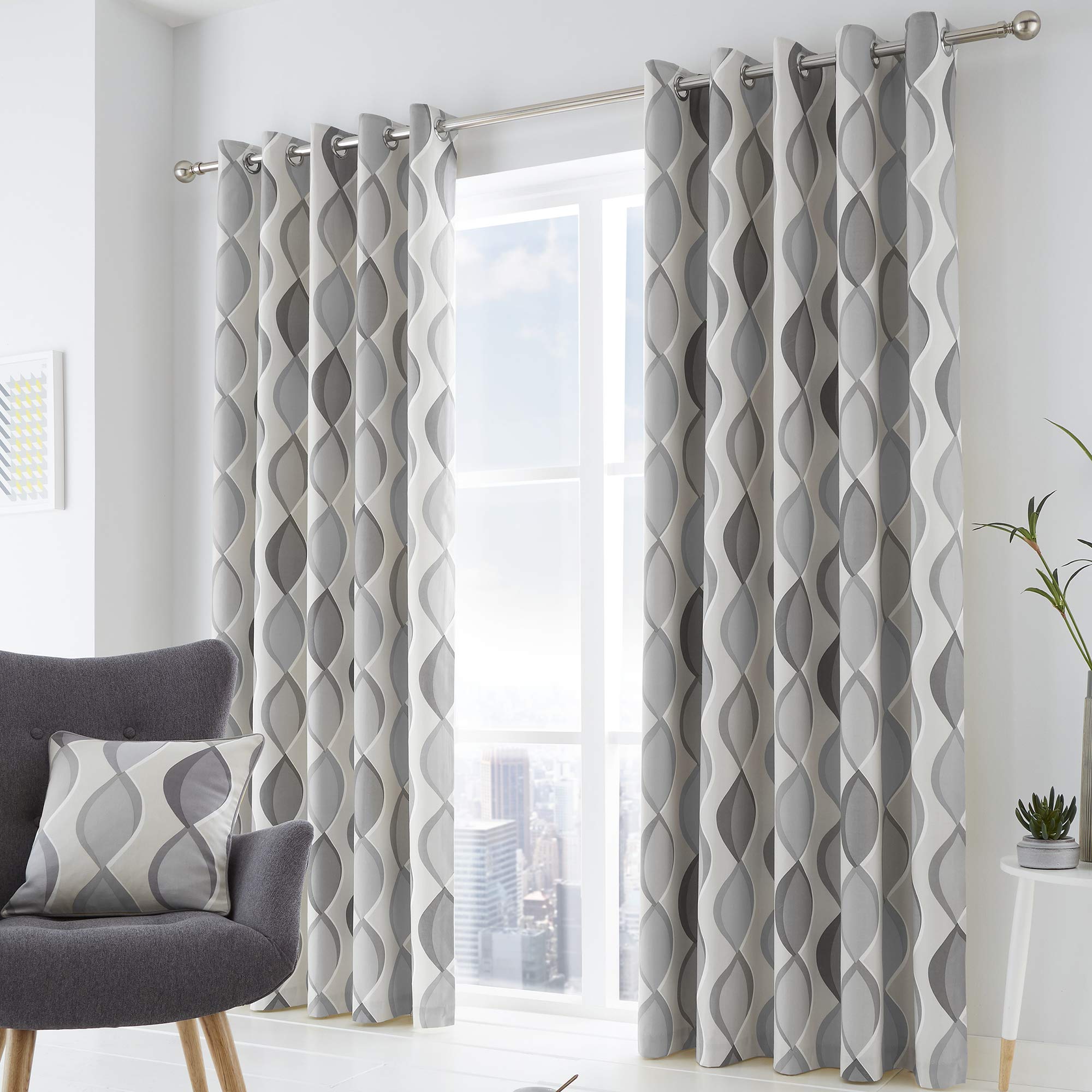 Fusion Lennox 100% Cotton Eyelet Lined Curtains, Grey/Grey, w229cm (90"") x d183cm (72"")"