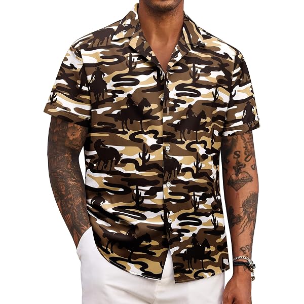 VISESUNNY Men's Casual Hawaiian Shirt - Dinosaur Skeleton Print, Short Sleeve Button Down, Quick Dry Fabric