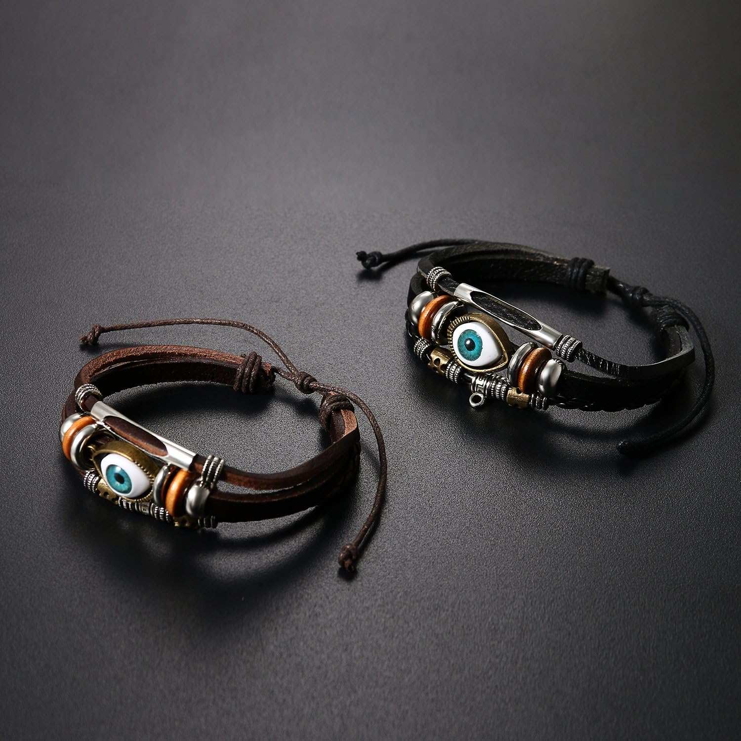Oidea 2pcs Mes Womens Good Luck Blue Evil Eye Cuff Bangle Bracelet,Black,Brown,Size Adjustable 8.1 to 9Inch - Image 4
