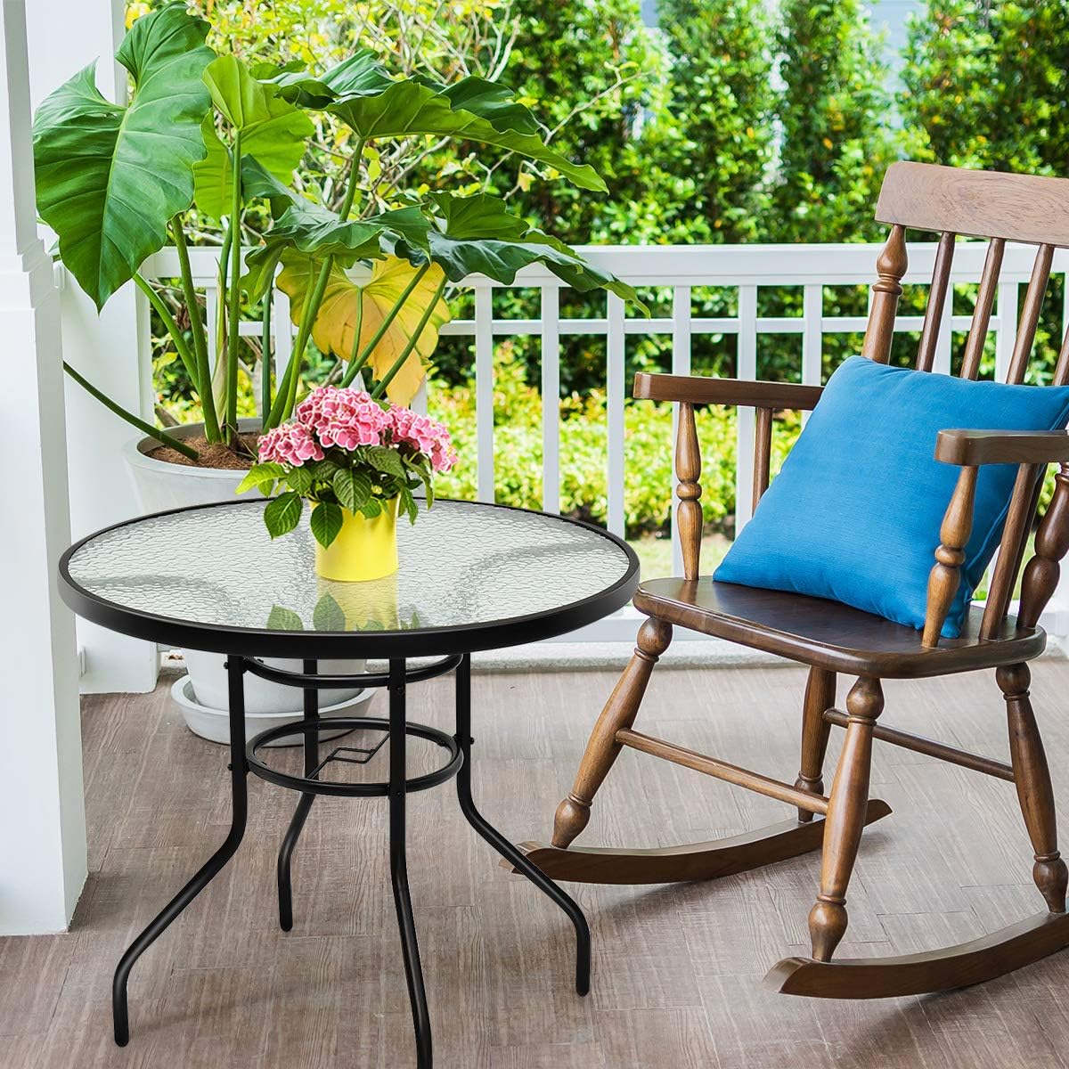 Tangkula 32" Outdoor Patio Table Round Steel Frame Tempered Glass Top Commercial Party Event Furniture Conversation Coffee Table for Backyard Lawn Balcony Pool with Umbrella Hole: Kitchen & Dining