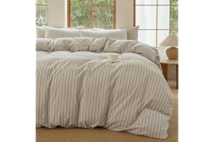 BESTDESIL Striped Duvet Cover Set,100% Washed Cotton Linen Like Comforter Cover,Breathable,Durable,Comfy(Strip-Tannish Linen 
