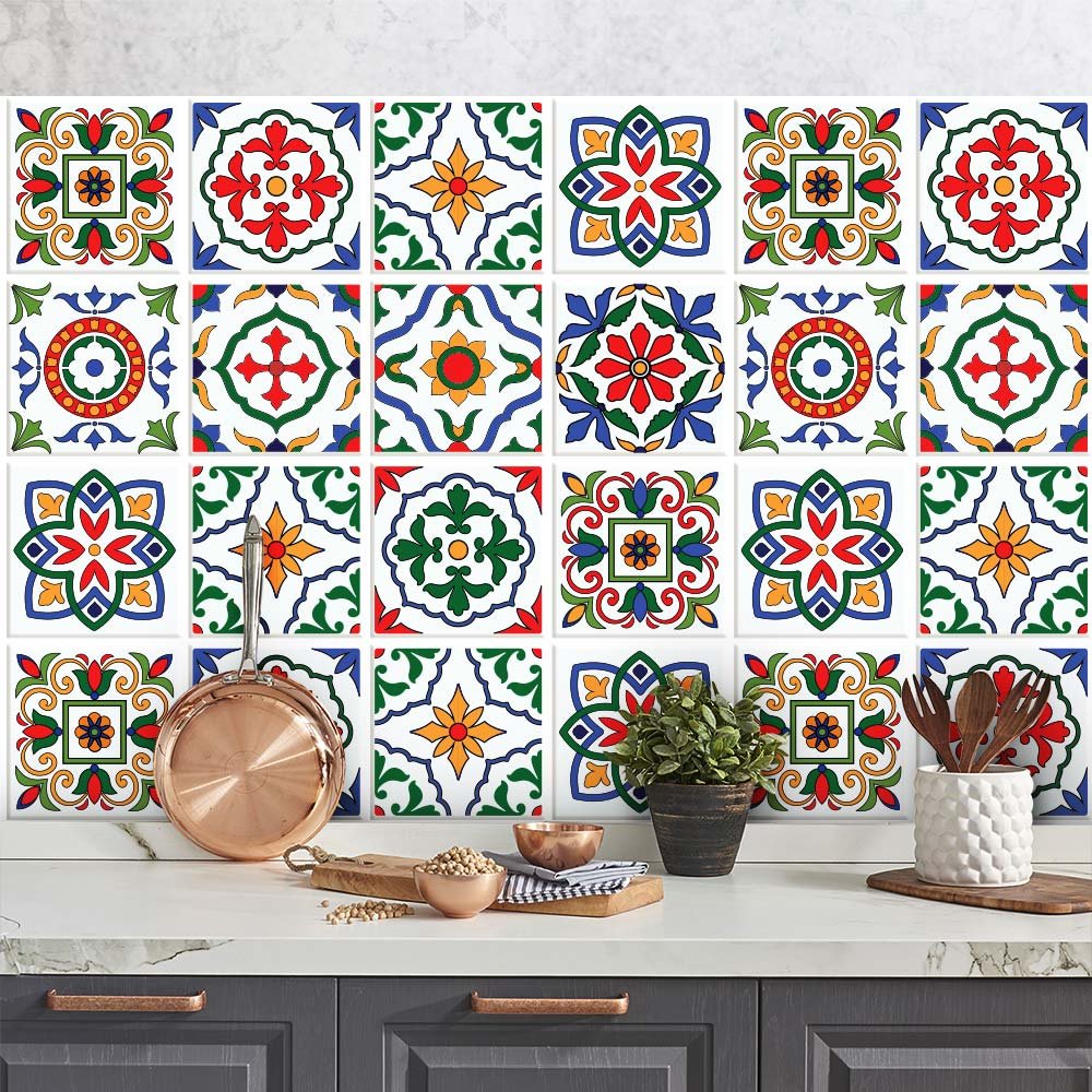 RE-COVERTILES - Tile Stickers for Bathroom and Kitchen 24 Pcs 10x10 cm - PS00032 Wall Decoration in Waterproof PVC Mosaic Tiles Style Azulejos Cement Tiles
