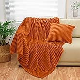 Bnuitland Burnt Orange Flannel Throw (50X71 inches) with Pillow Cover(18×18"),300GSM Super Soft Fleece Stripe Pattern Sofa Blanket, Lightweight Cozy Bed Throw for Home Decor All Season
