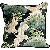 Creative Co-Op Cotton Blend Velvet Printed Pillow with Cranes and Piping, Multicolor, Heron Pattern