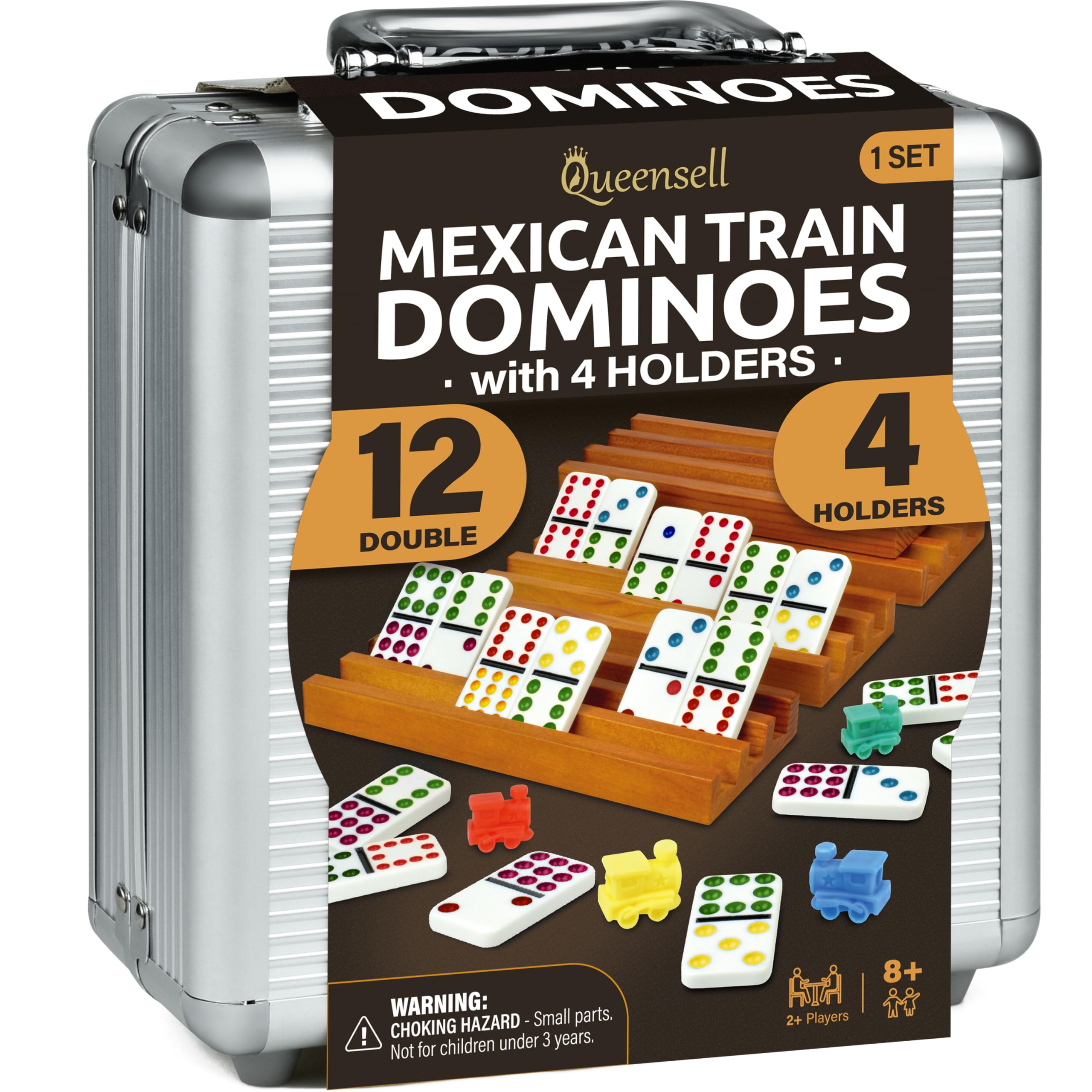 Queensell Mexican Train Dominoes Set with 4 Holders - Dominoes Double 12 with Wooden Hub and Tiles Holders - Double 12 Dominos Set for Family Game Night for Adults and Kids Ages 8 and up — image 1