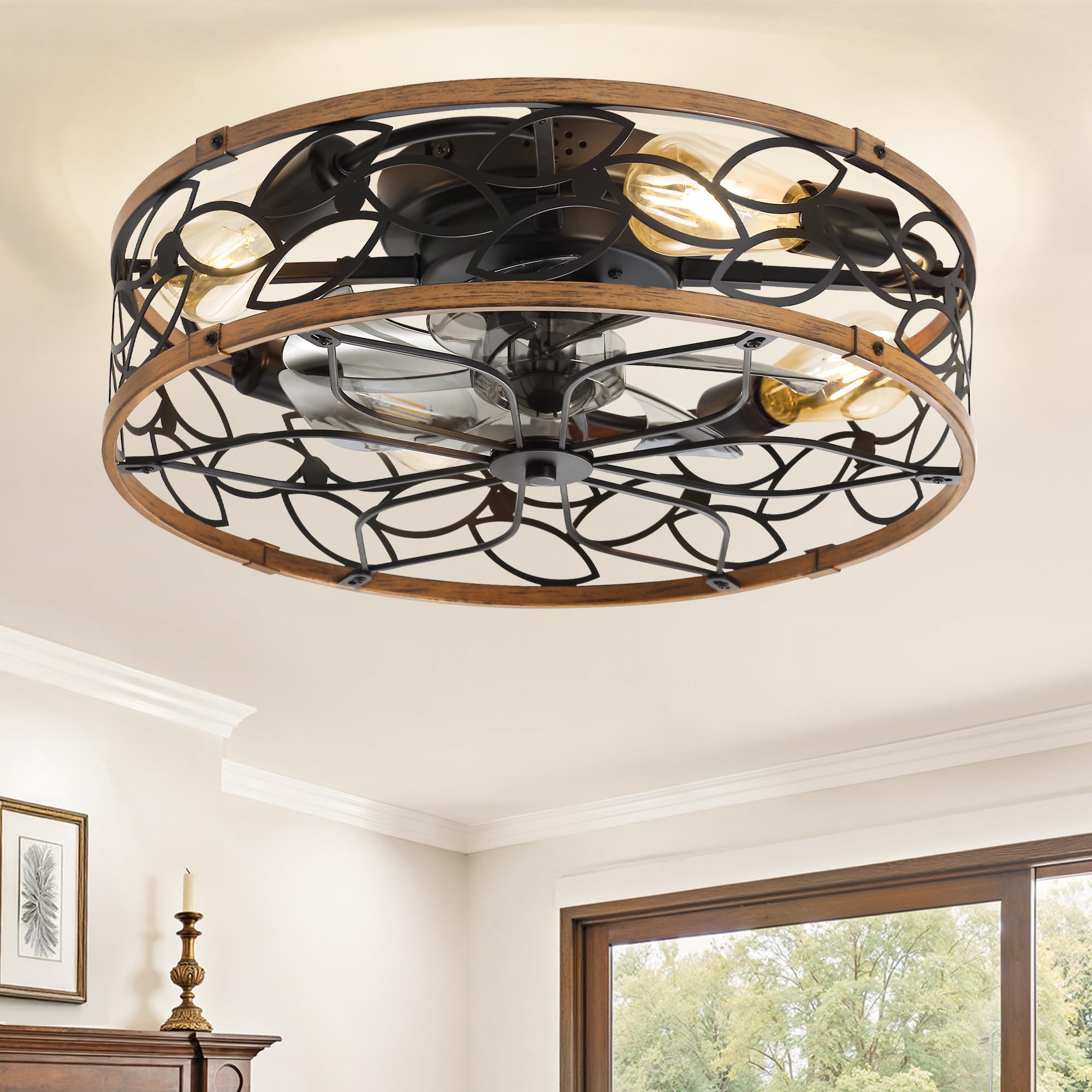 LEDIARY 20 Inch Caged Ceiling Fans with Lights, Farmhouse Flush Mount Ceiling Fan with Remote, Black&Walnut Low Profile Ceiling Fan Light Fixture for Bedroom, Kitchen, Dining Room Image