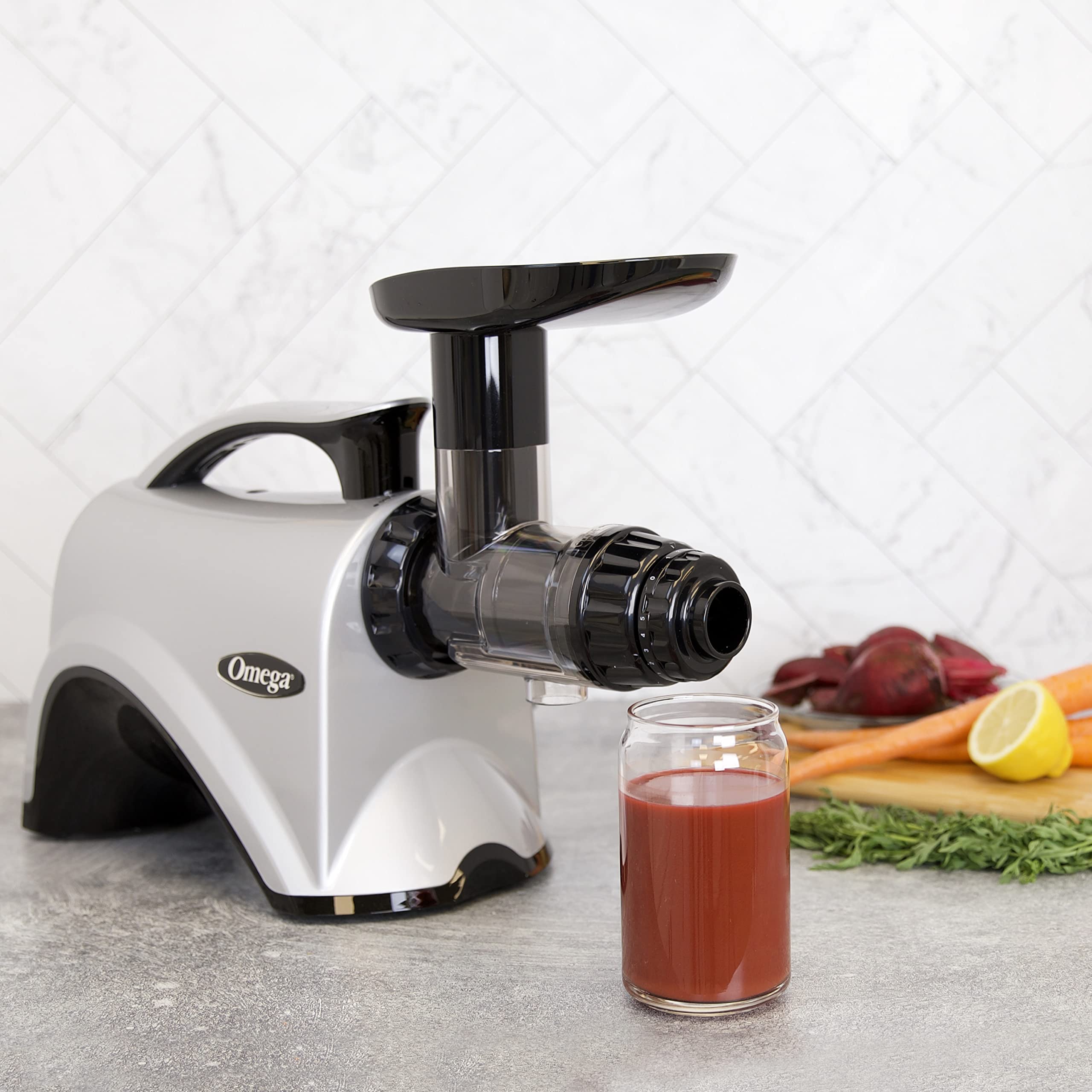 Omega NC800HDS Cold Press Juicer Machine, Vegetable and Fruit Juice Extractor and Nutrition System, Dual-Stage Slow Masticating Juicer, 150 W, Manual, Silver