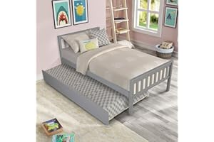 HomSof Twin Trundle, Platform Bed Frame with Headboard and Footboard,for Bedroom Small Living Space, Grey