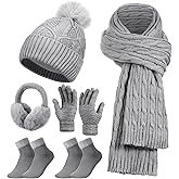 Geyoga 6 Pcs Winter Warm Set for Women Warm Beanies Hats Touchscreen Gloves Long Scarf Ear Muffs Socks Winter Gifts for Women