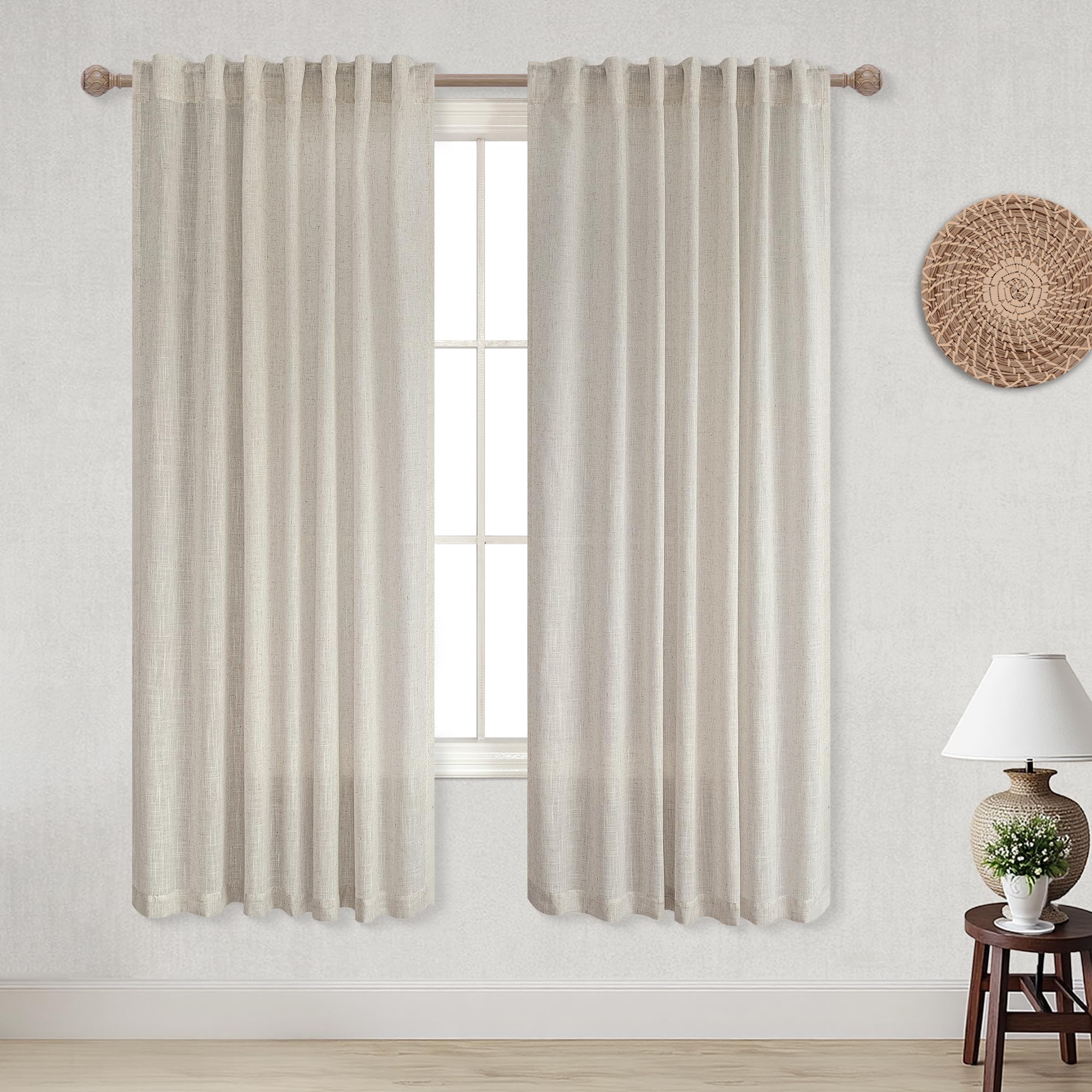 Photo 1 of KOUFALL Linen Sheer Curtains 63 Inch Length for Living Room,2 Panel Set Semi Sheer Light Filtering Window Curtains Drapes 63 Inches Long for Bedroom,Tan Beige