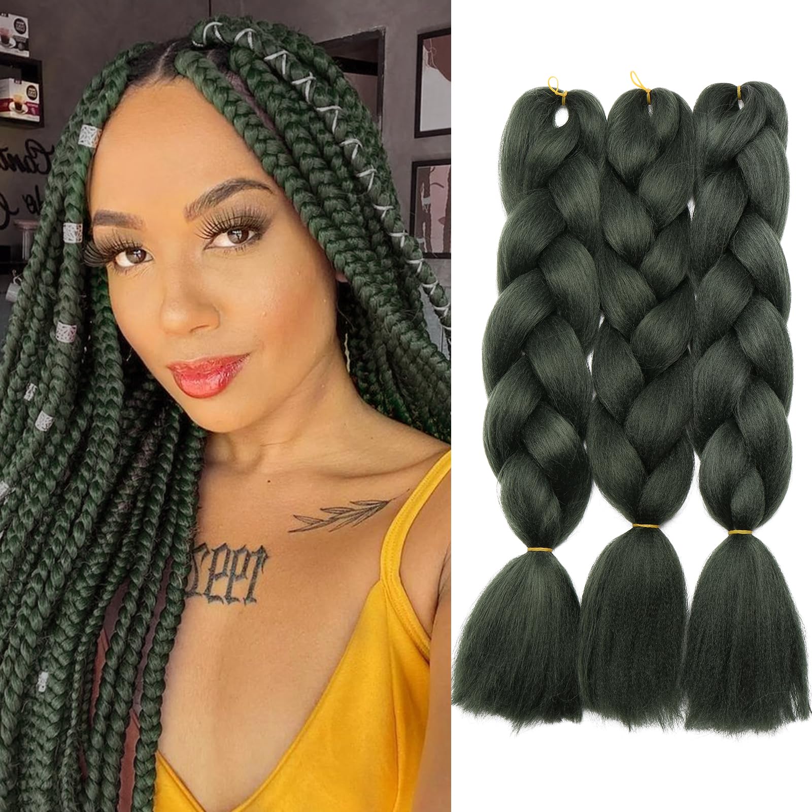 Silk-co 24" Braiding Hair Extension 3 Pcs Ombre Crochet Jumbo Braid 300g Afro Braid Synthetic Hair [Army Green]