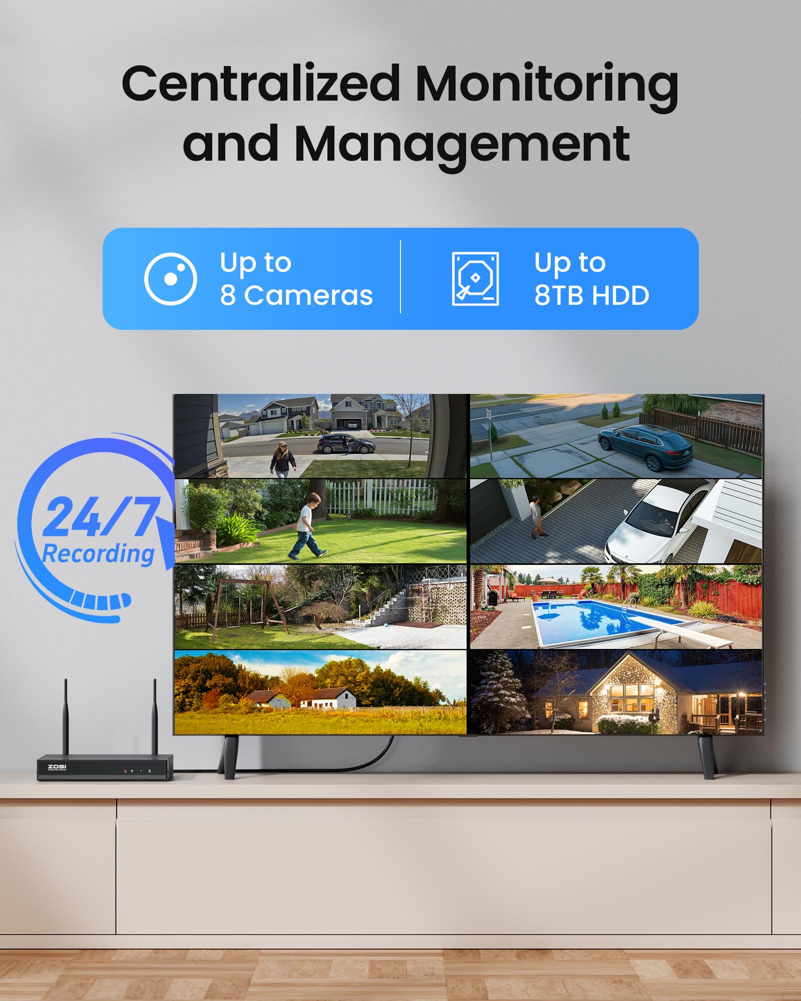 ZOSI 8CH 2K Wi-Fi 6 Security Camera System,8x 3MP Plug-in WiFi Outdoor Cameras,Spotlight Color Night Vision,AI Person Detection,2 Way Audio,8MP 4K 8Channel NVR with 2TB Hard Drive for 24/7 Recording