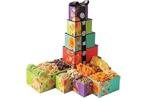 Oh! Nuts Dried Fruit and Nuts Gift Basket Tower with Black Ribbon Gift Basket, 5 Tier Gourmet Arrangement Platter, Healthy Kosher Snack Box for Birthday, Anniversary