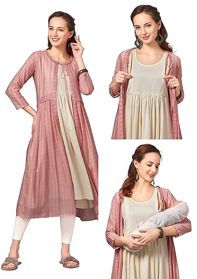 Women's Cotton Printed Easy Feeding Kurti with Zippers for Pre and Post Pregnancy