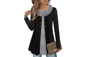 Bebonnie Womens Long Sleeve Cowl Neck Warm Splicing Tunic Tops with Buttons