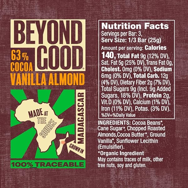 BEYOND GOOD CHOCOLATE BARS | VANILLA ALMOND DARK CHOCOLATE | ORGANIC, DIRECT TRADE, VEGAN, NON-GMO | SINGLE ORIGIN MADAGASCAR DARK CHOCOLATE