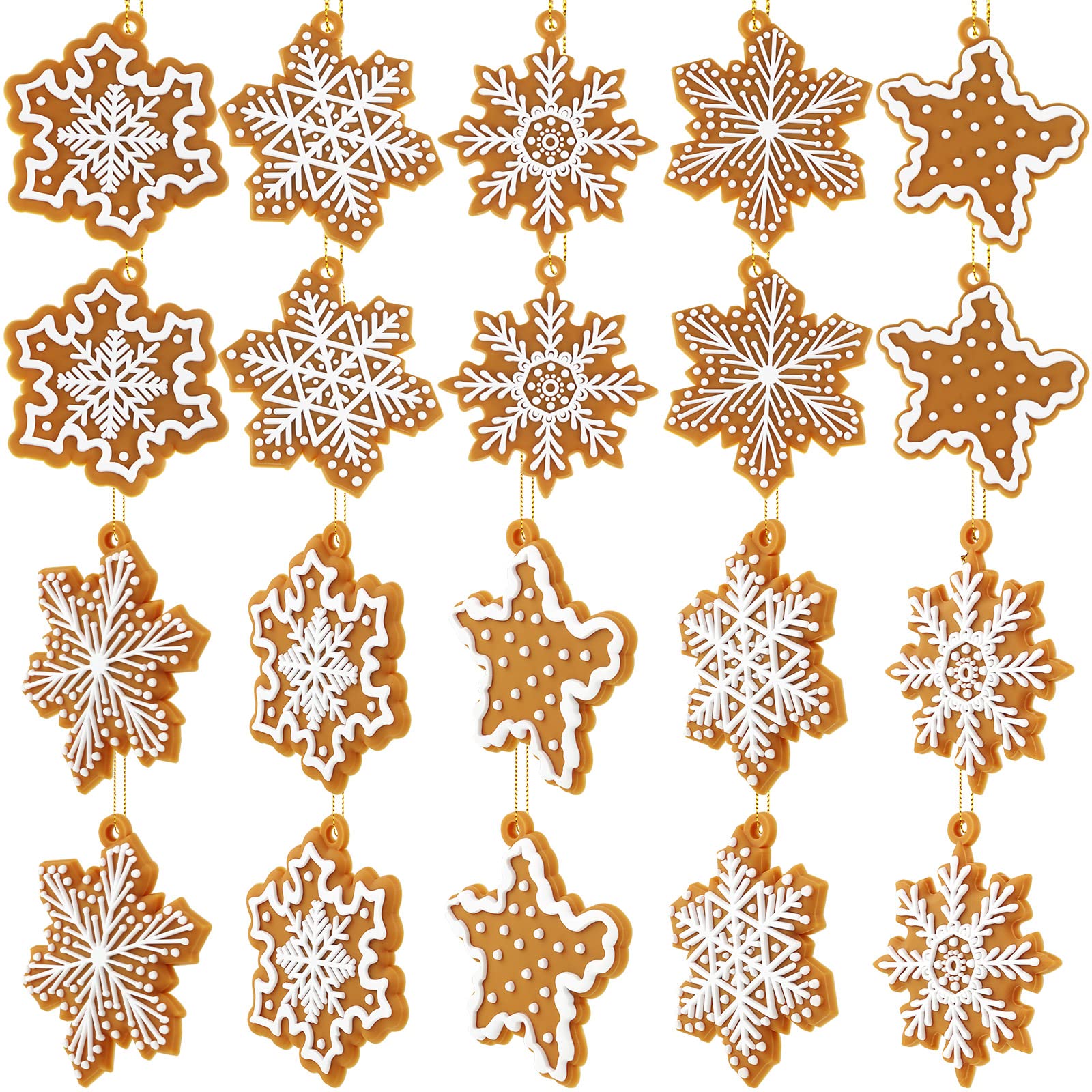 Photo 1 of 20 Pcs Christmas Gingerbread Snowflake Ornaments Mini Tree Hanging Decorations Silicone Christmas Ornaments with Ropes for Xmas Tree Winter Crafts
