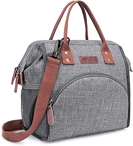 LOKASS Lunch Bag Insulated Lunch Box Wide-Open Lunch Tote Bag Large Drinks Holder Durable Nylon Snacks Organizer with Removable Shoulder Strap for Women Men Adults Work Outdoor,Grey