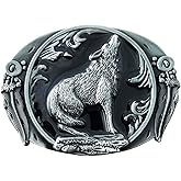 QUKE Vintage Western Cowboy 3D Wild Wolf Howling Leaf Belt Buckle Gray Tone