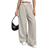 SHENHE Women's Striped Wide Leg Pants Elastic High Waist Casual Baggy Pants Travel Trousers