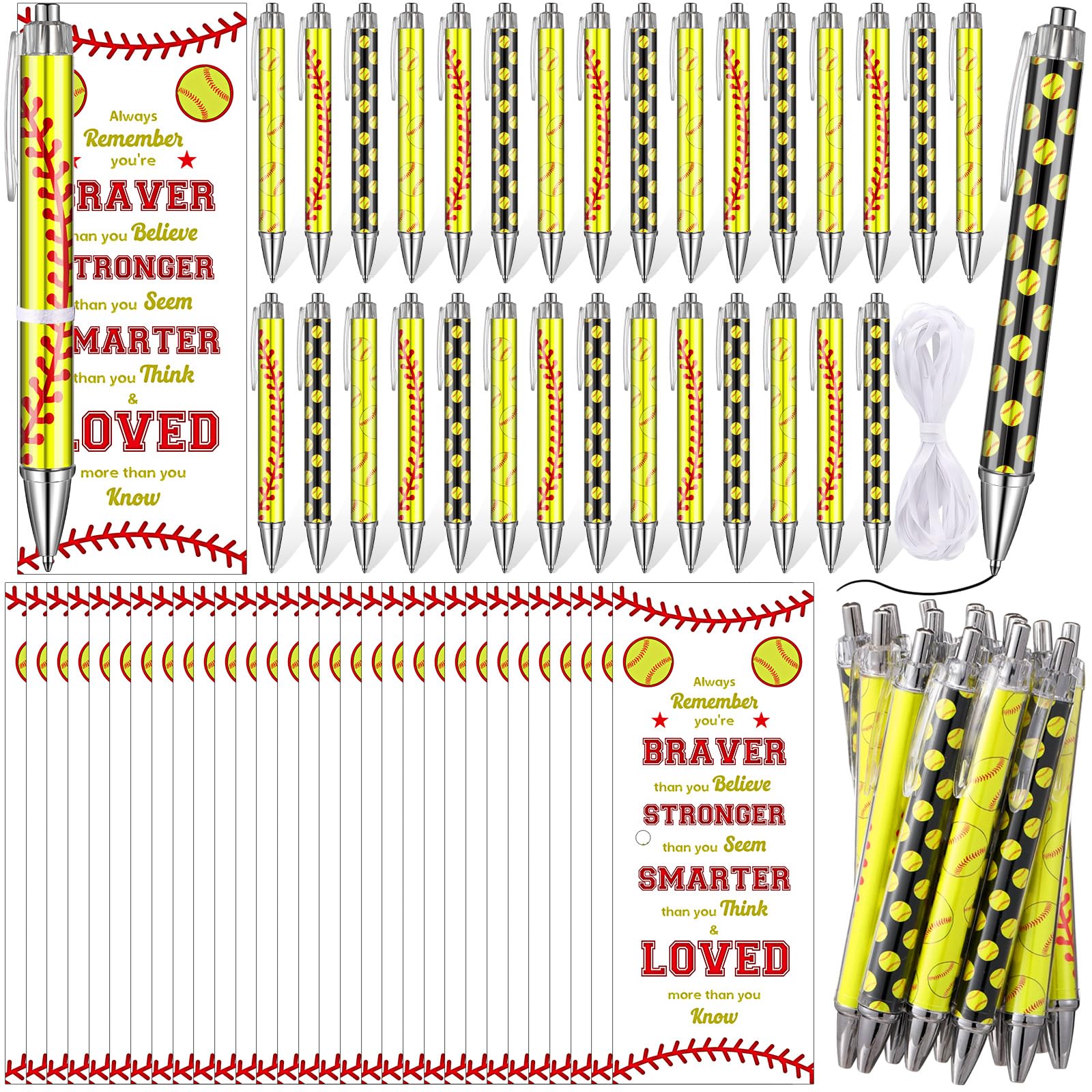 Photo 1 of 60 Pcs Softball Party Favors Gifts Include 30 Yellow Softball Ballpoint Pens, 30 Braver Smarter Stronger Cards for Prize Team Coach Adults Players Lover Party Decoration Supplies