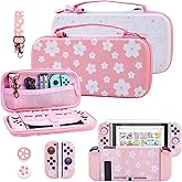 RHOTALL Two-Color Cherry Blossom Carrying Case for Nintendo Switch, Potable Storage Bag for Switch Accessories with Protective Case, Screen Protector, Adjustable Shoulder Strap and 2 Thumb Caps